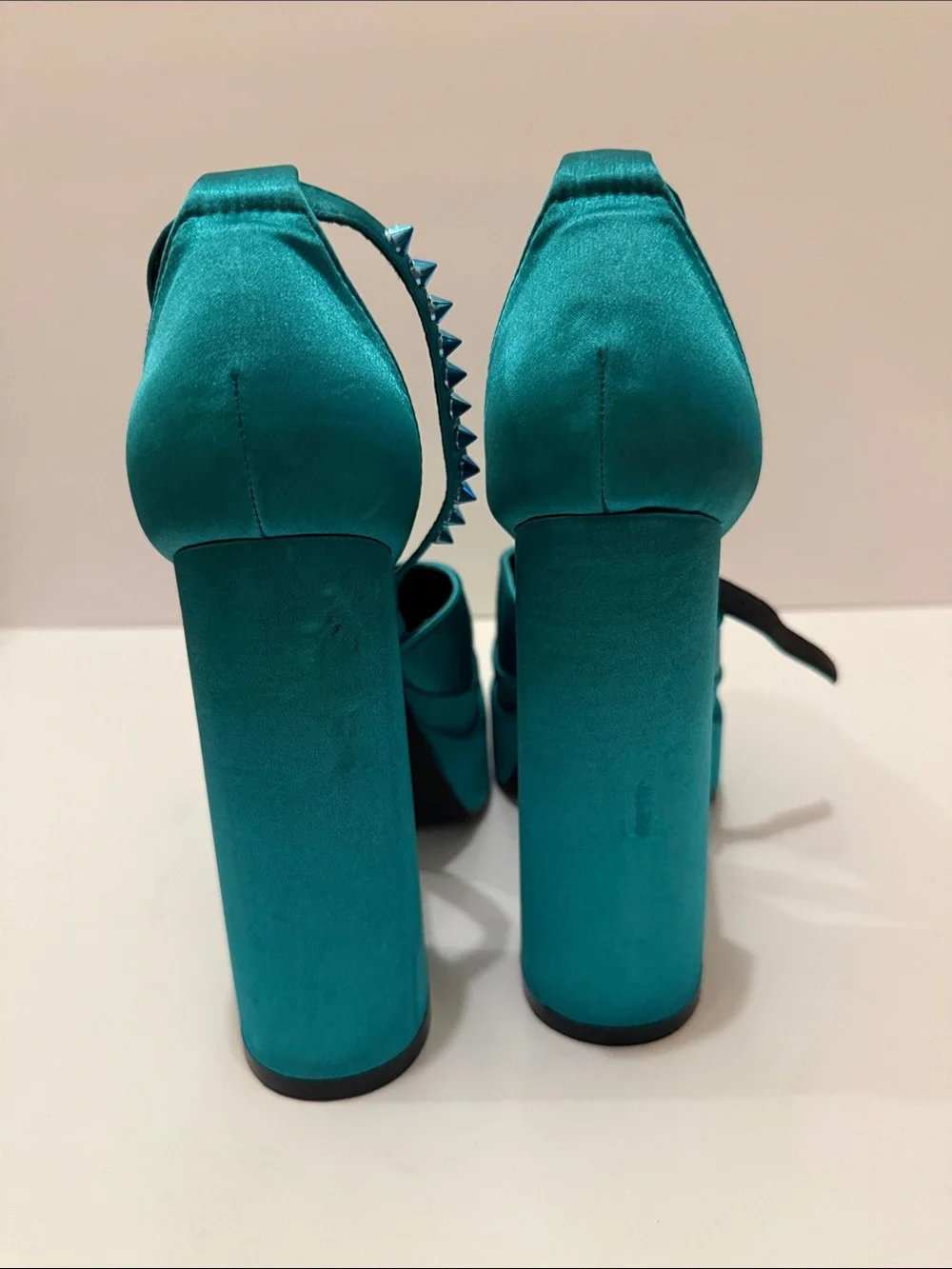 Satin Teal Platform Pumps with Ankle Strap